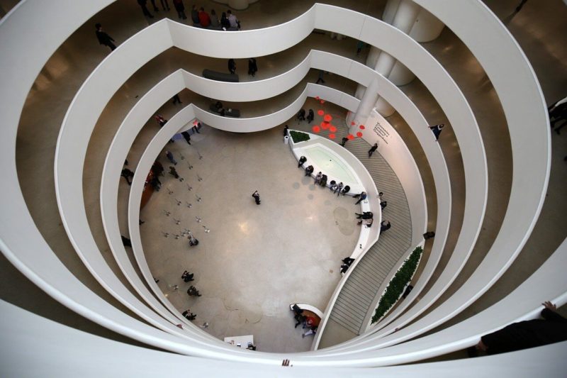View looking down from an upper floor of the Guggenheim. Visit the Guggenheim in New York the virtual way through the free online museum tours done by Google Arts and Culture.